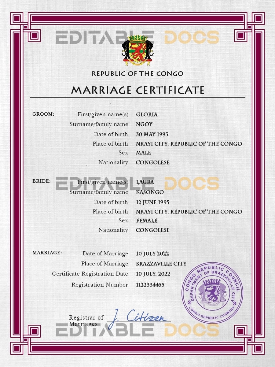 Congo Marriage Certificate | Editable PSD Templates