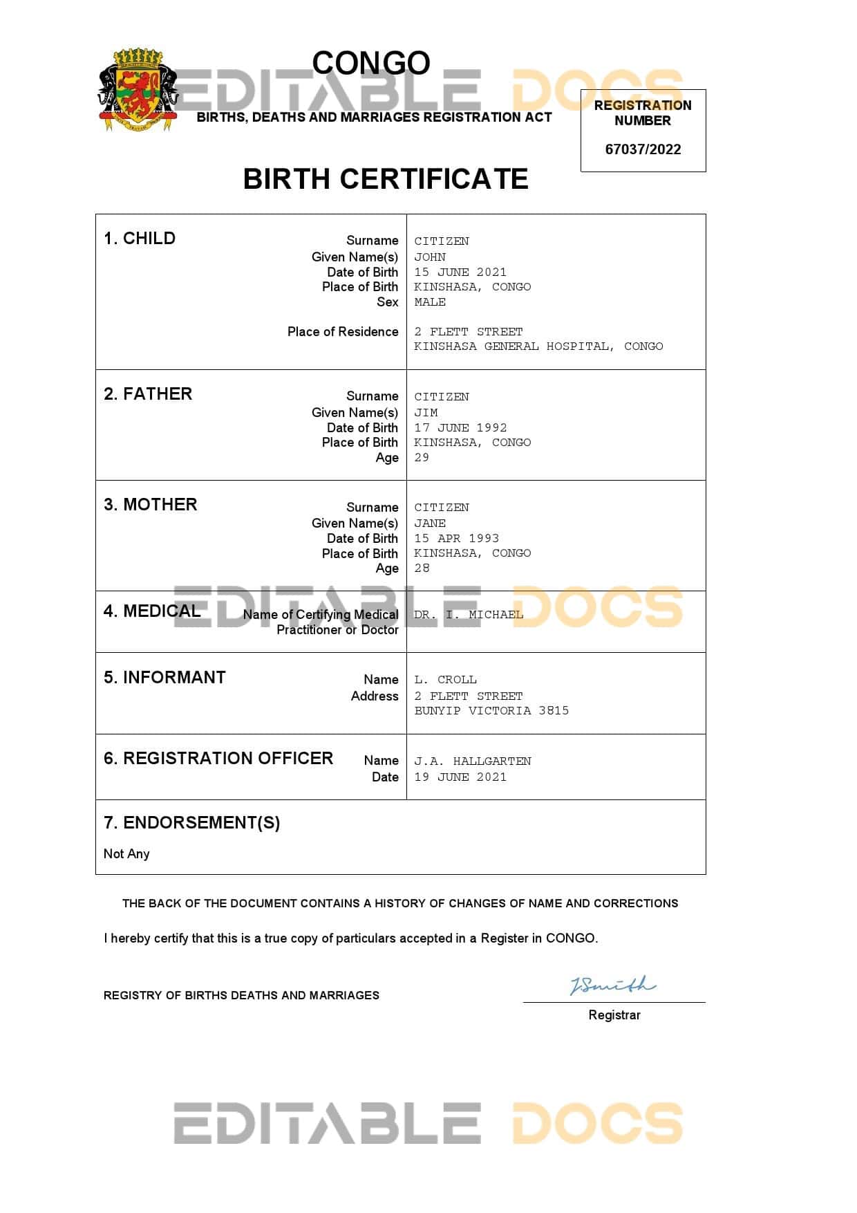 Authentic Congo Birth Certificate Template | Customize and Download Online