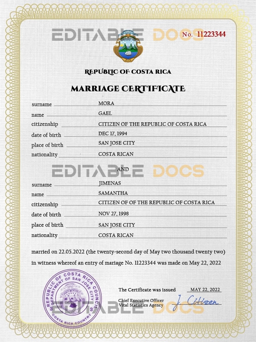 Costa Rica Marriage Certificate | Editable PSD Templates