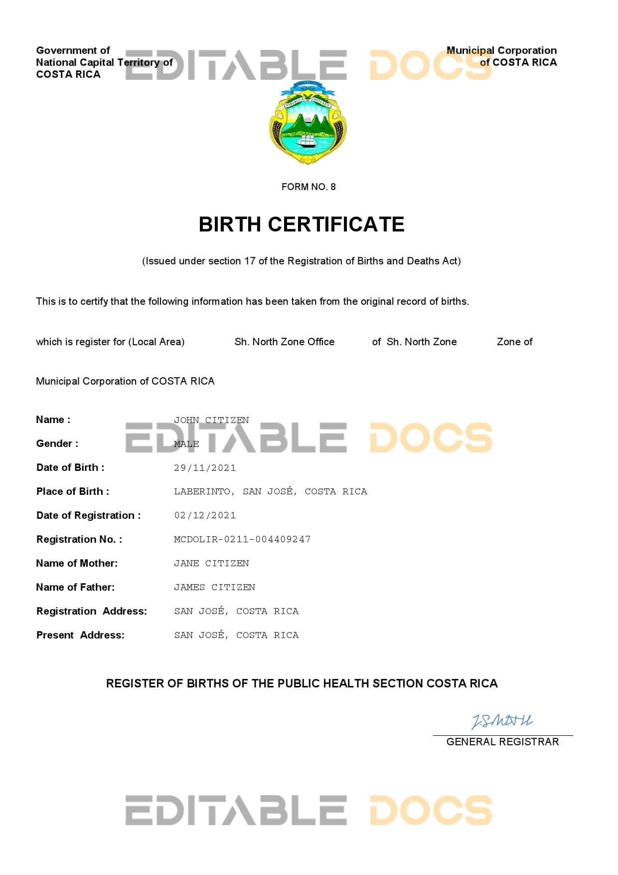 Authentic Costa Rica Birth Certificate Template | Customize and Download Online