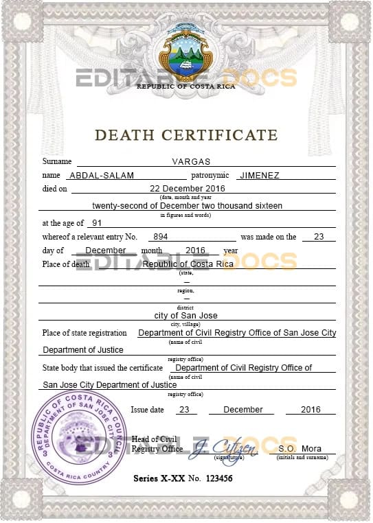 Customizable Costa Rica Death Certificate PSD Templates | Instant Download