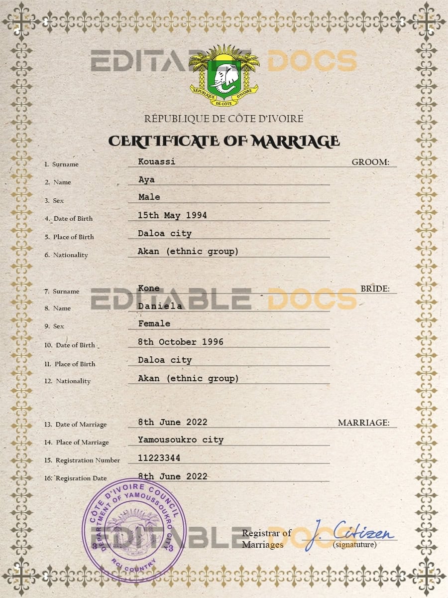 Cote dIvoire Marriage Certificate | Editable PSD Templates