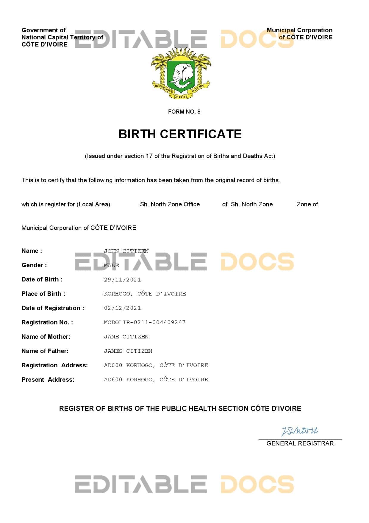 Authentic Cote d’Ivoire Birth Certificate Template | Customize and Download Online