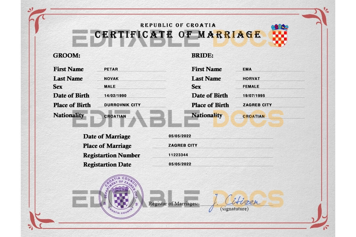 Croatia Marriage Certificate | Editable PSD Templates