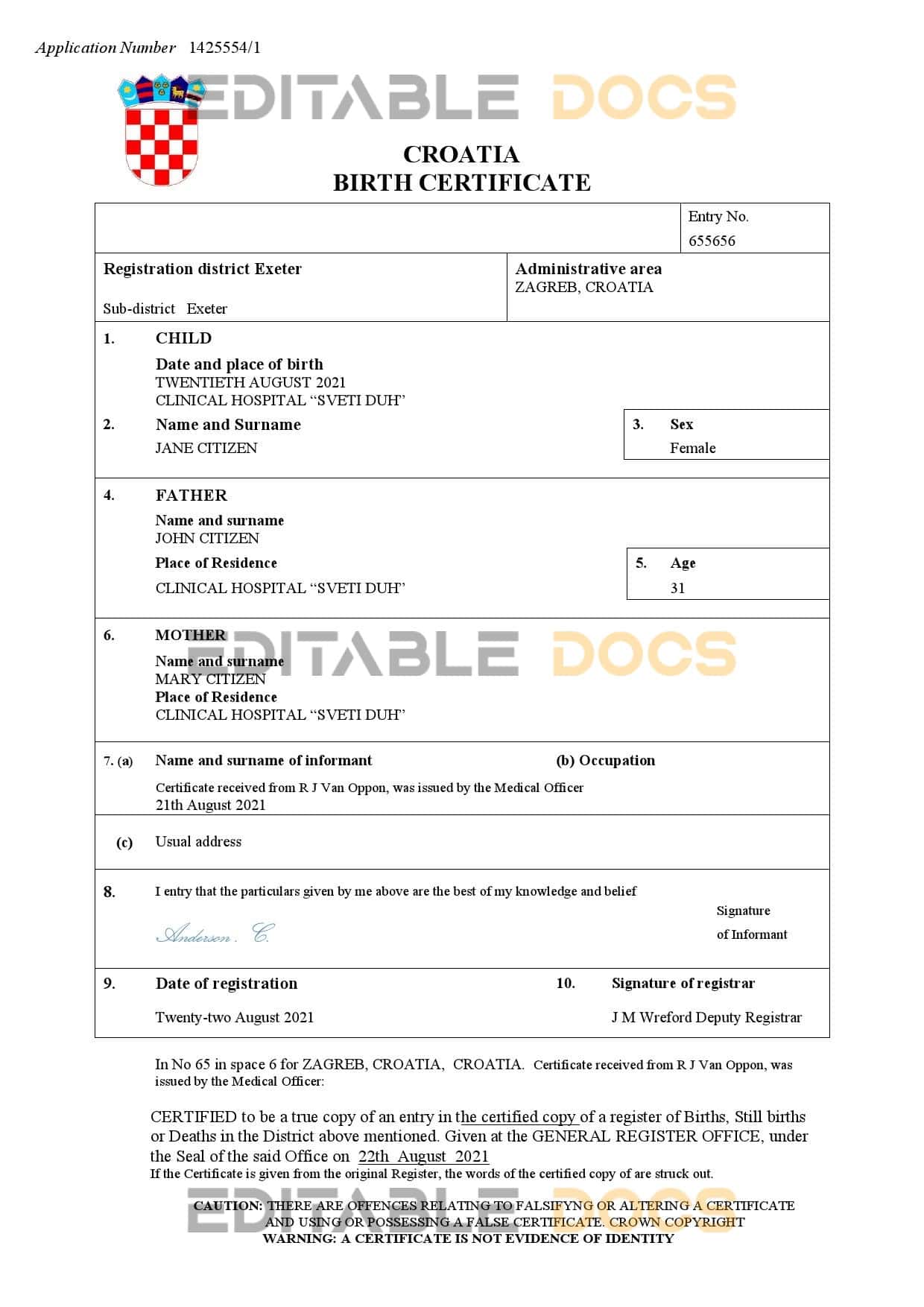 Authentic Croatia Birth Certificate Template | Customize and Download Online