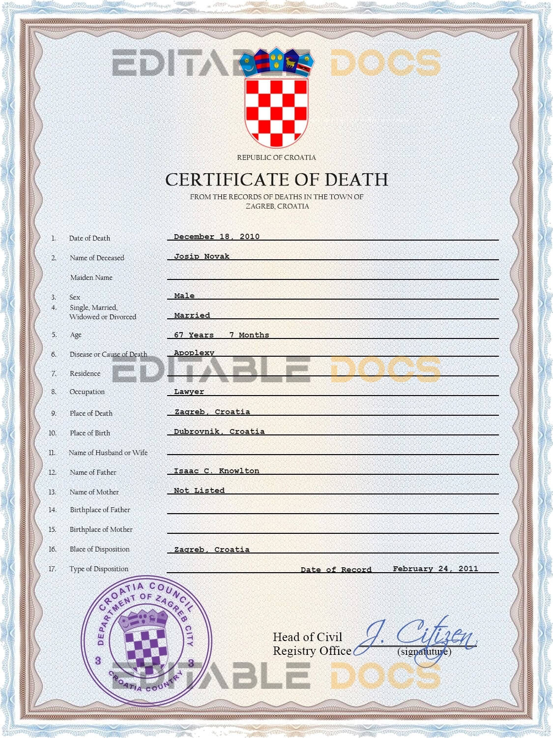 Customizable Croatia Death Certificate PSD Templates | Instant Download