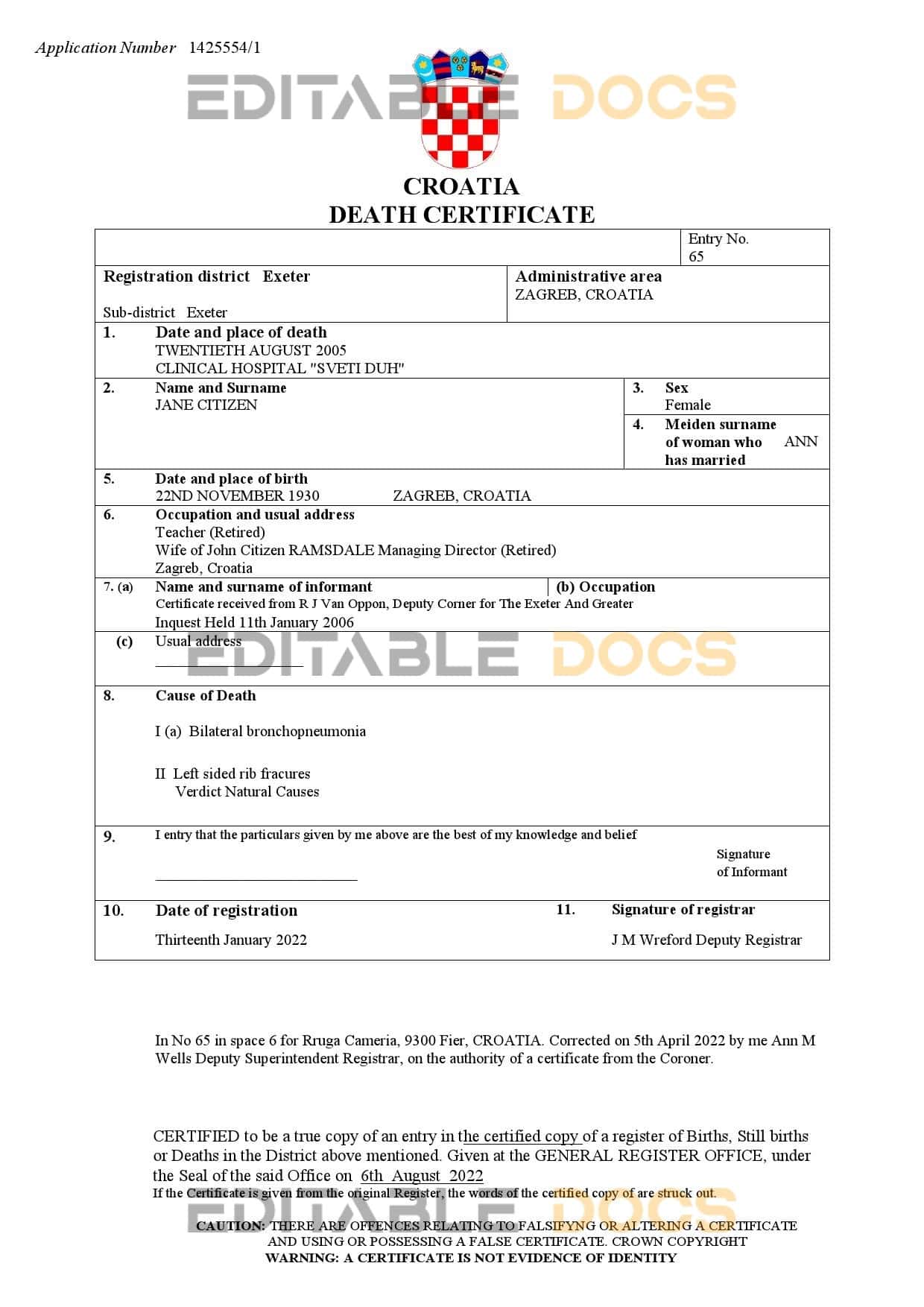 Fillable Croatia Death PDF Templates | Blank Docs