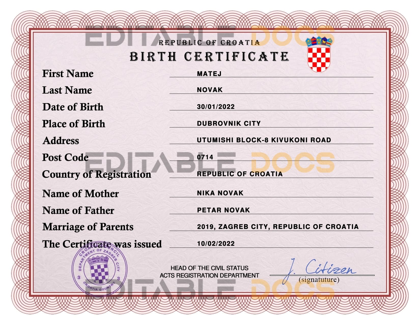 Authentic Croatia Birth Certificate Template | Customize and Download Online