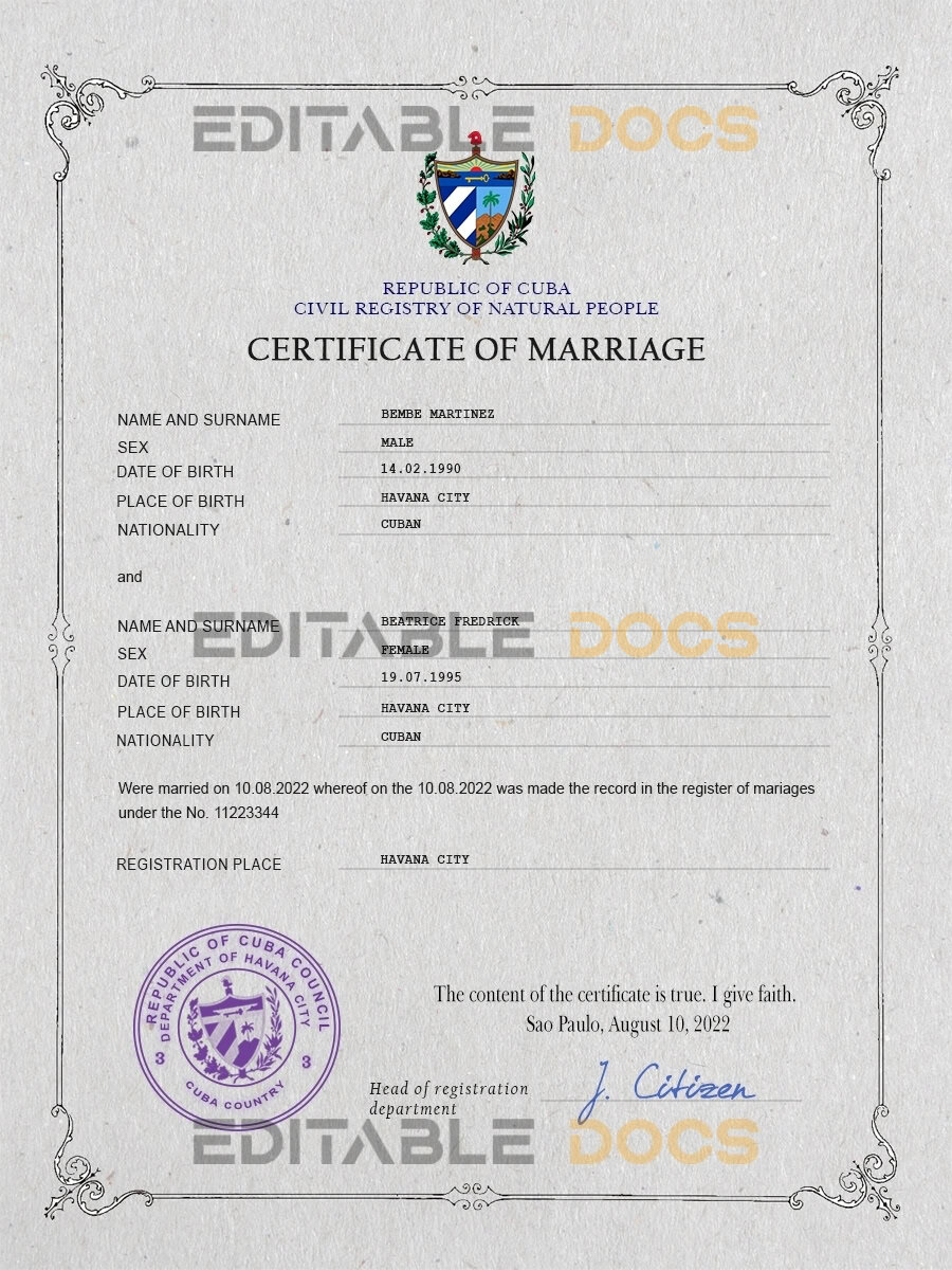 Cuba Marriage Certificate | Editable PSD Templates