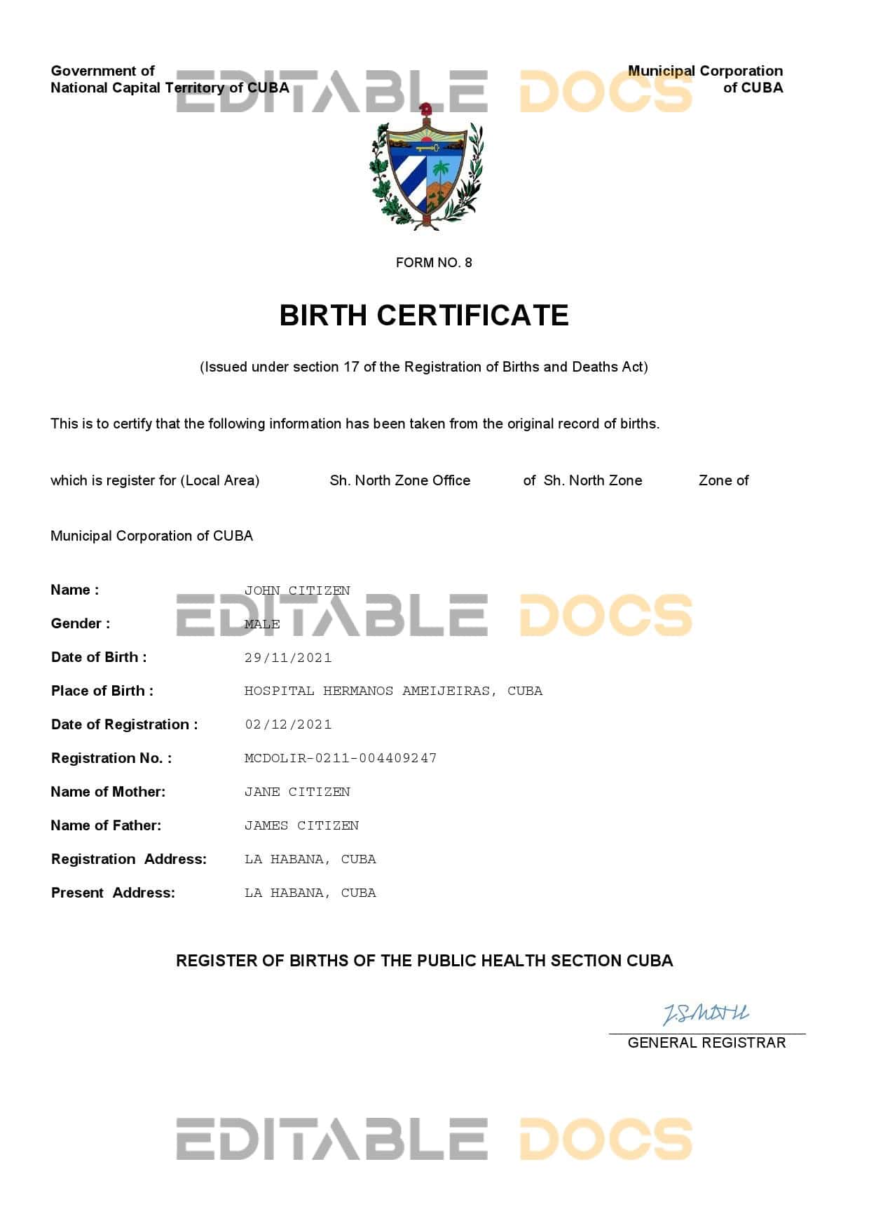 Authentic Cuba Birth Certificate Template | Customize and Download Online