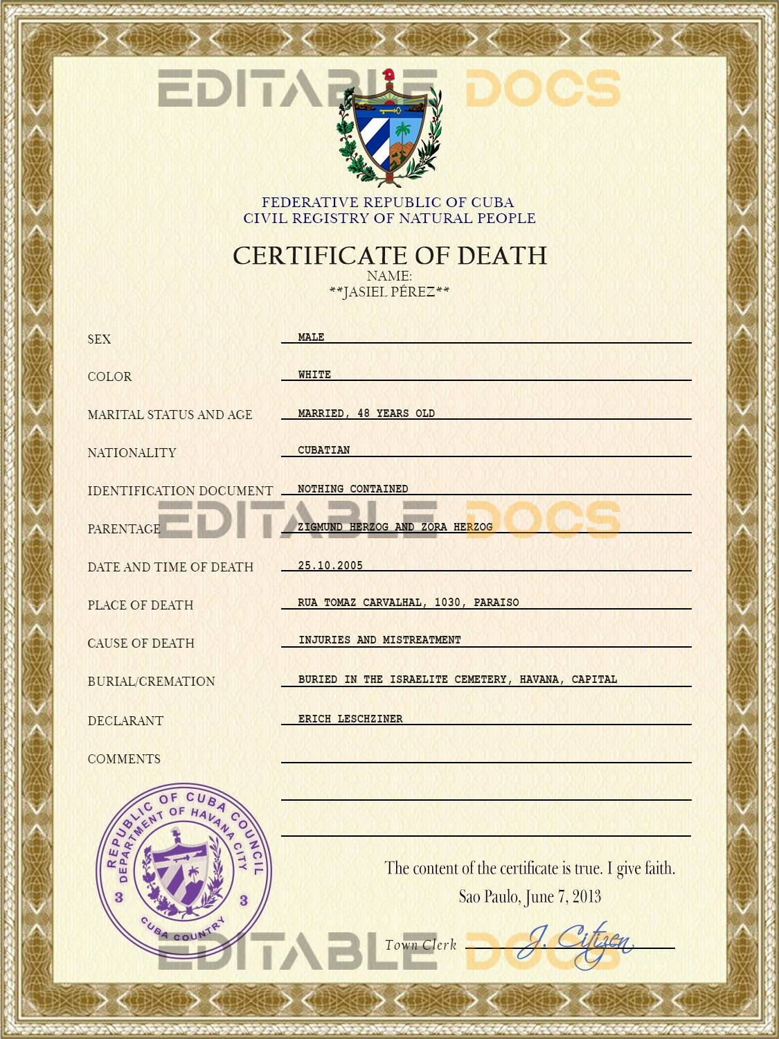 Customizable Cuba Death Certificate PSD Templates | Instant Download