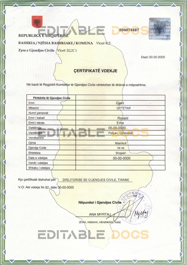 Customizable Albania Death Certificate PSD Templates | Instant Download