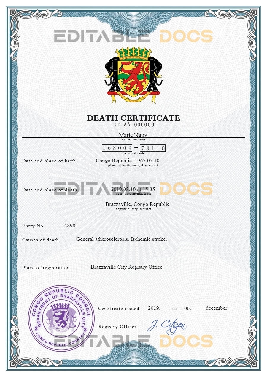 Customizable Congo Death Certificate PSD Templates | Instant Download