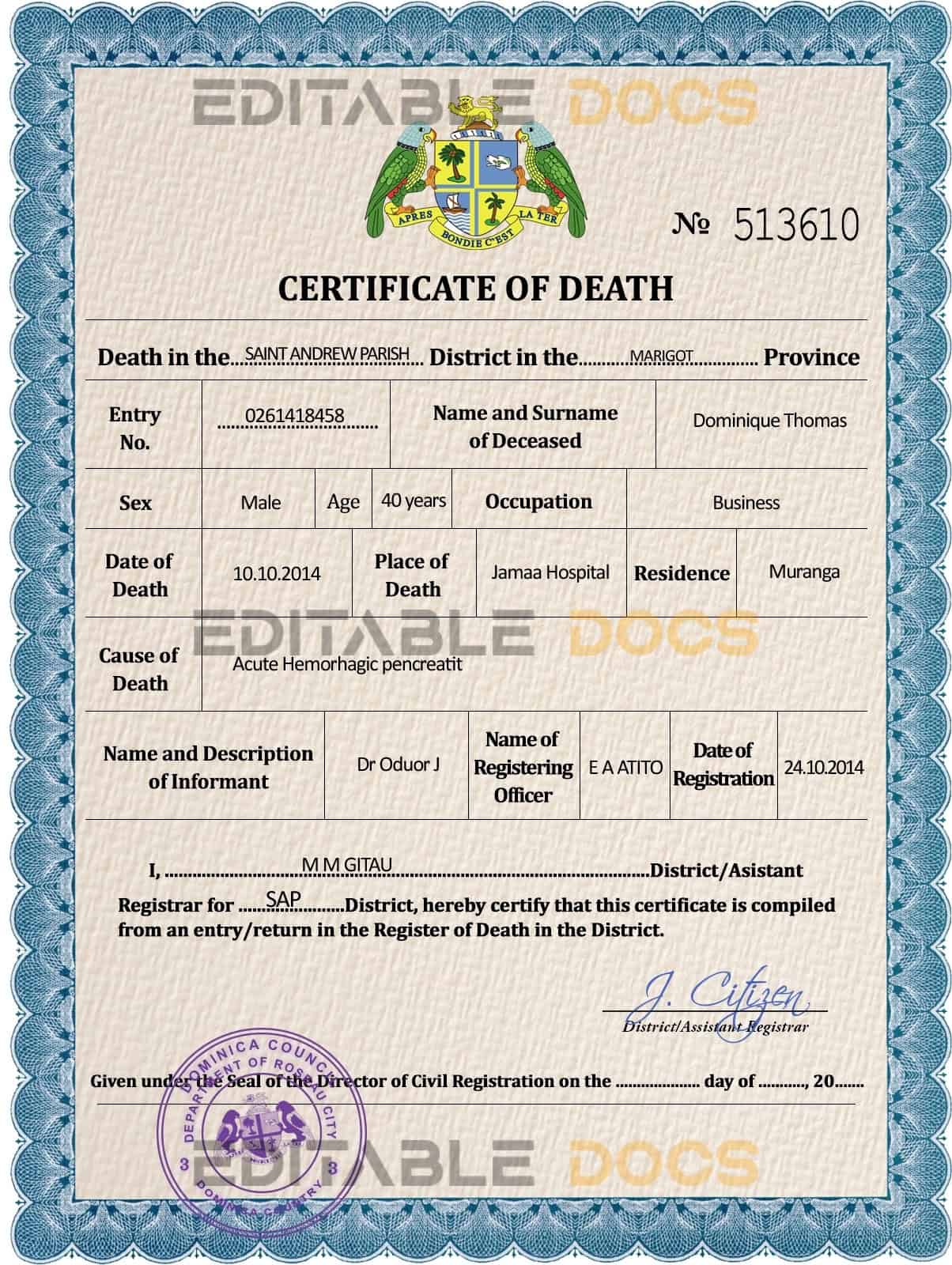 Customizable Dominica Death Certificate PSD Templates | Instant Download