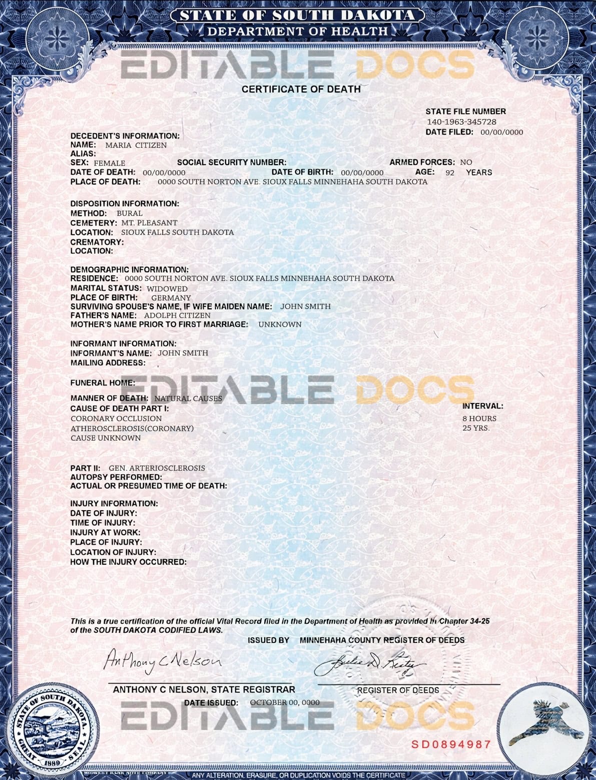 Customizable USA South Dakota state Death Certificate PSD Templates | Instant Download