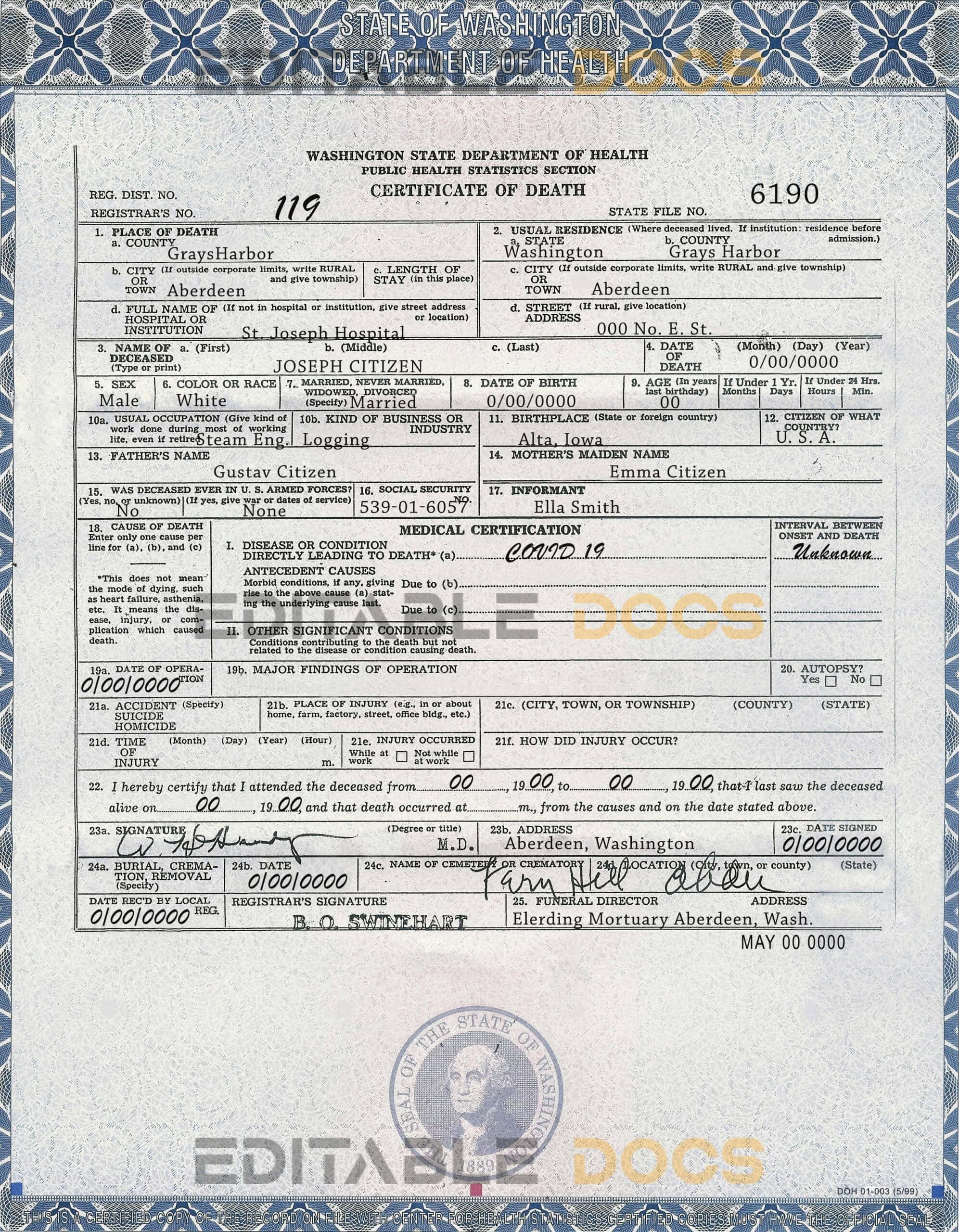 Customizable USA Washington state Death Certificate PSD Templates | Instant Download