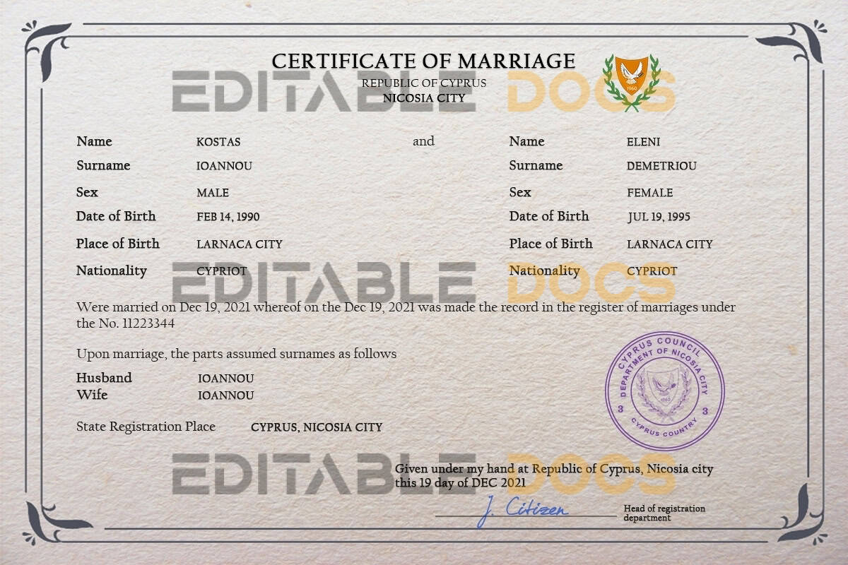 Cyprus Marriage Certificate | Editable PSD Templates