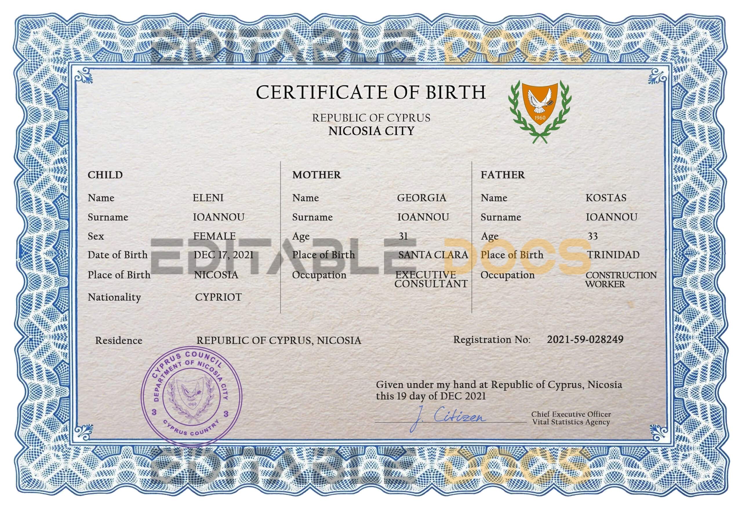 Authentic Cyprus Birth Certificate Template | Customize and Download Online