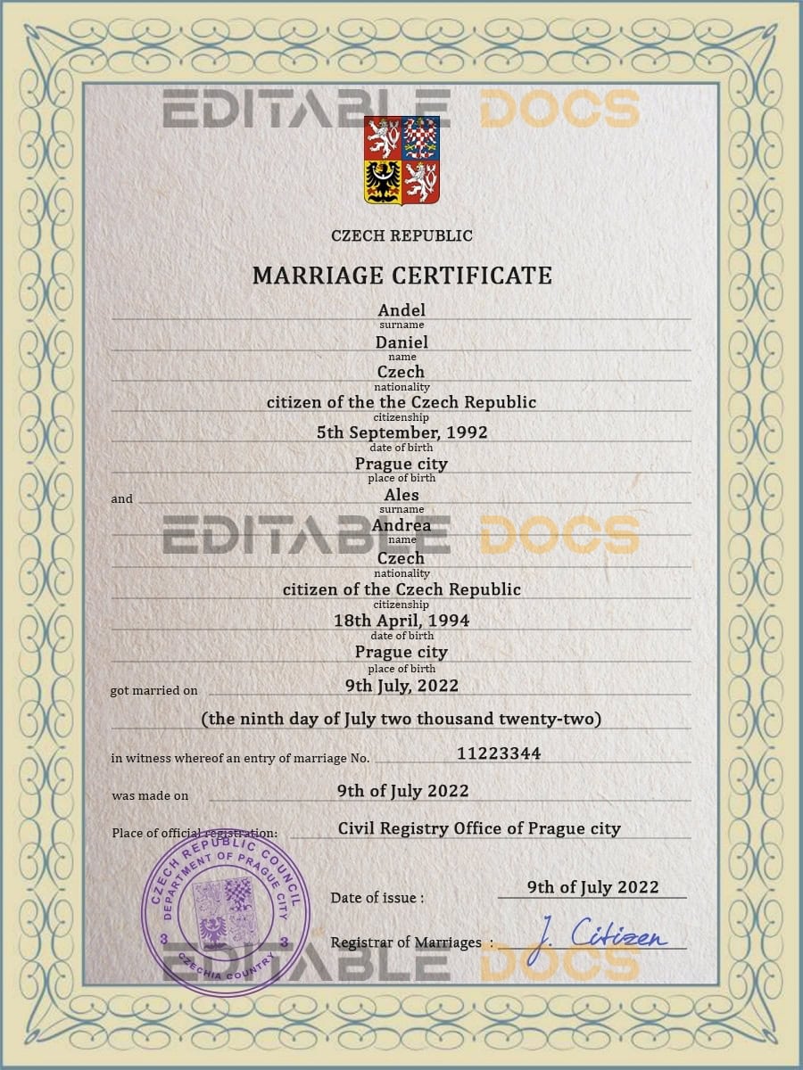 Czech Republic Marriage Certificate | Editable PSD Templates