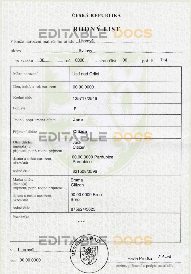 Authentic Czech Birth Certificate Template | Customize and Download Online