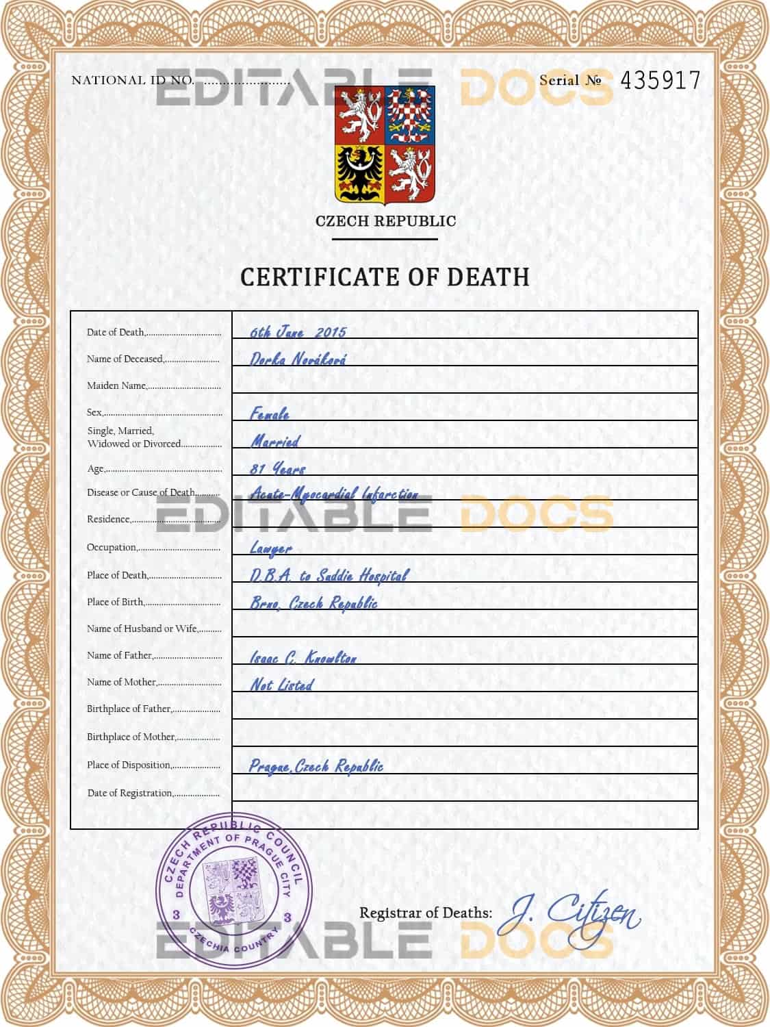 Customizable Czechia Death Certificate PSD Templates | Instant Download