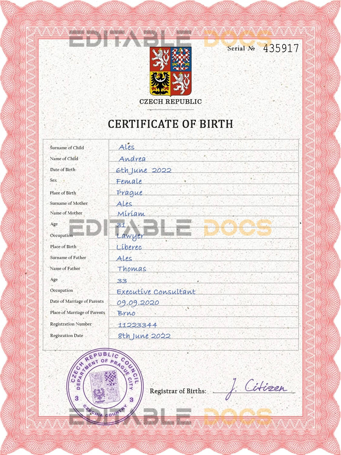 Authentic Czechia Birth Certificate Template | Customize and Download Online
