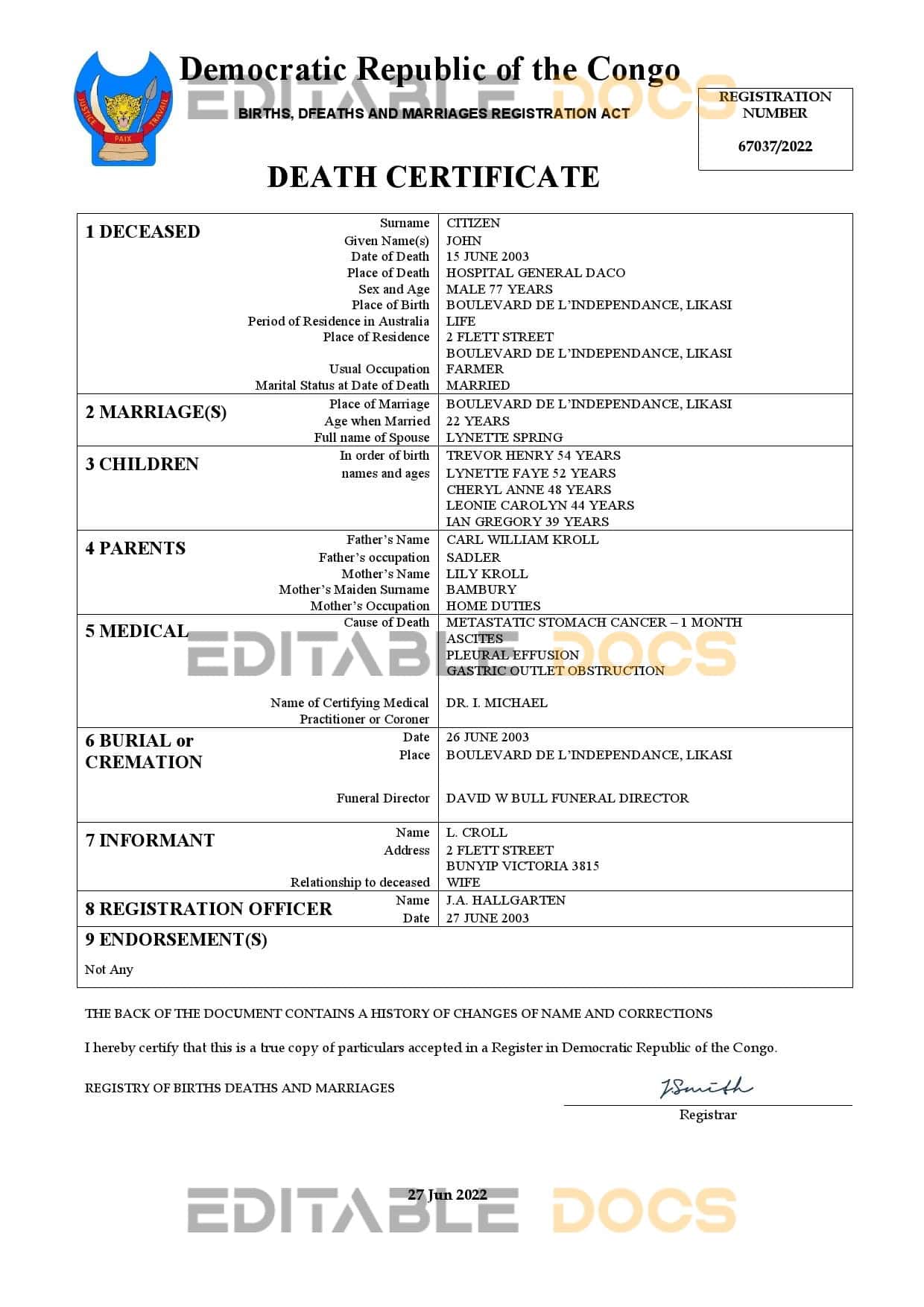 Authentic Democratic Republic of the Congo Birth Certificate Template | Customize and Download Online