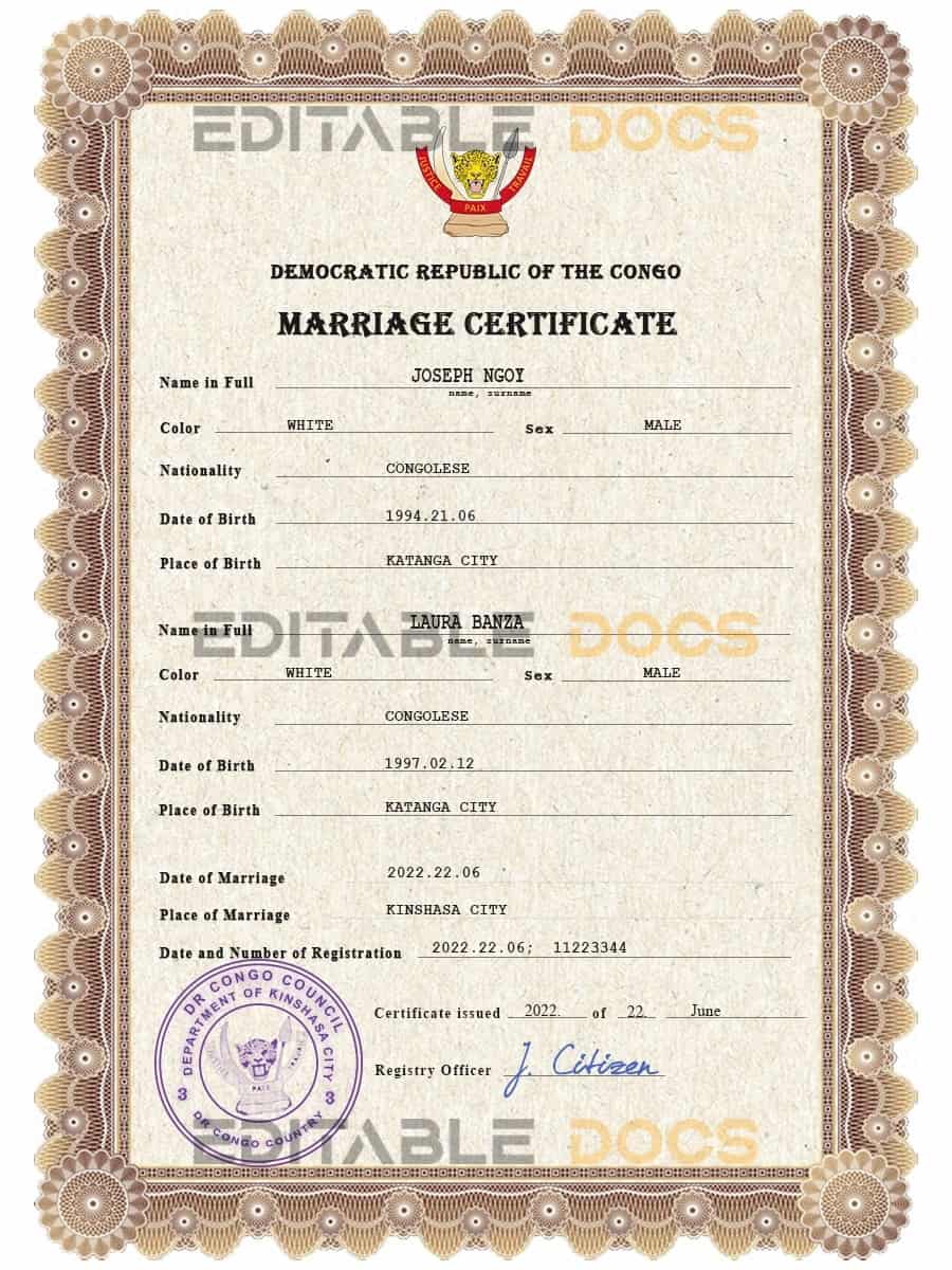 Democratic Republic of the Congo Marriage Certificate | Editable PSD Templates