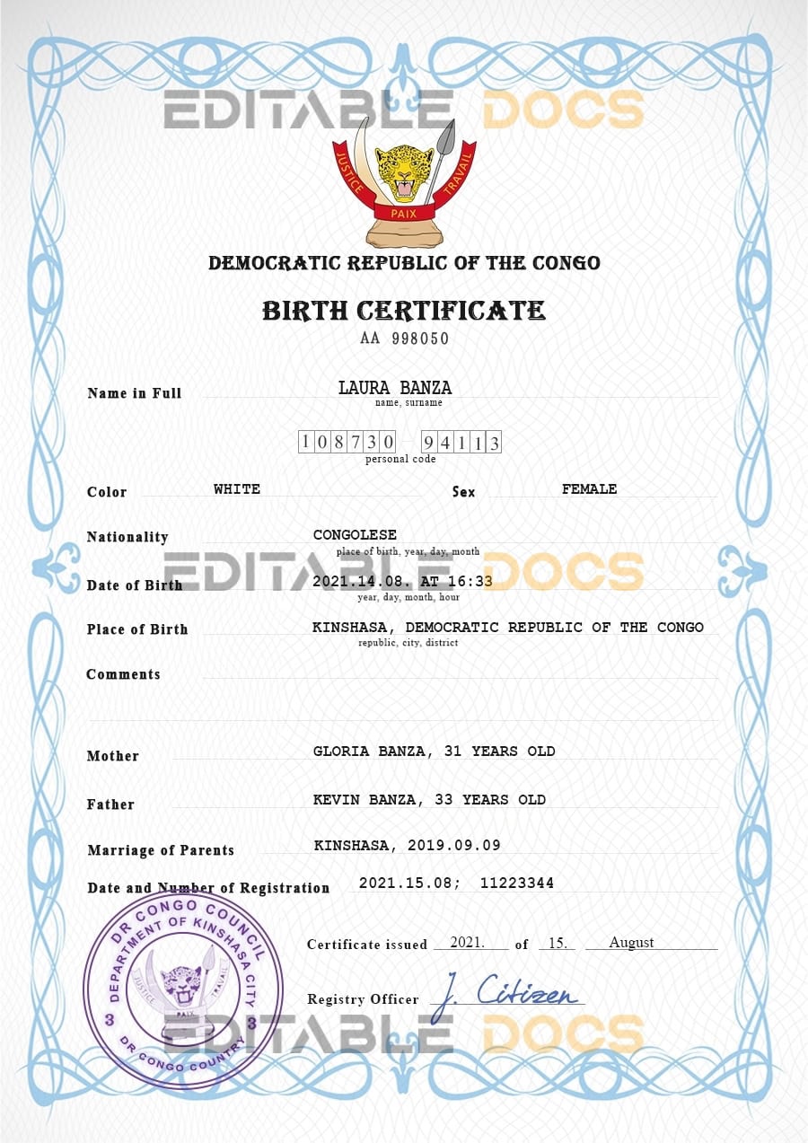 Authentic Democratic Republic of the Congo Birth Certificate Template | Customize and Download Online