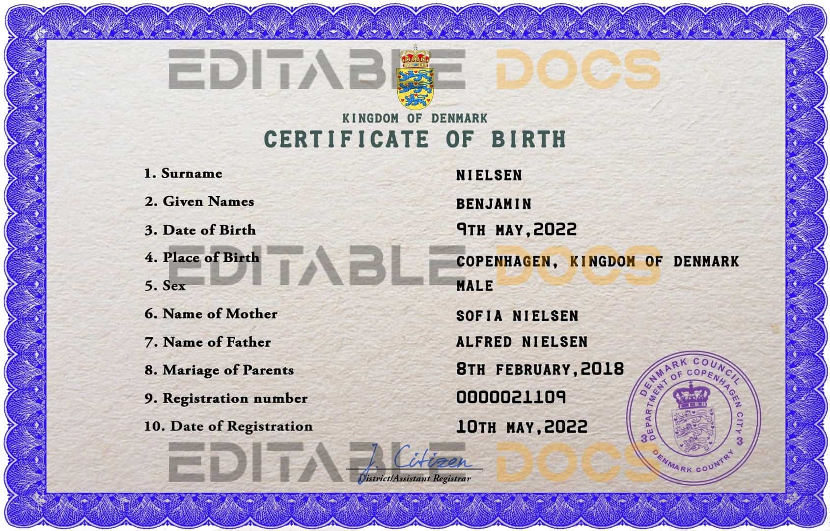 Authentic Denmark Birth Certificate Template | Customize and Download Online