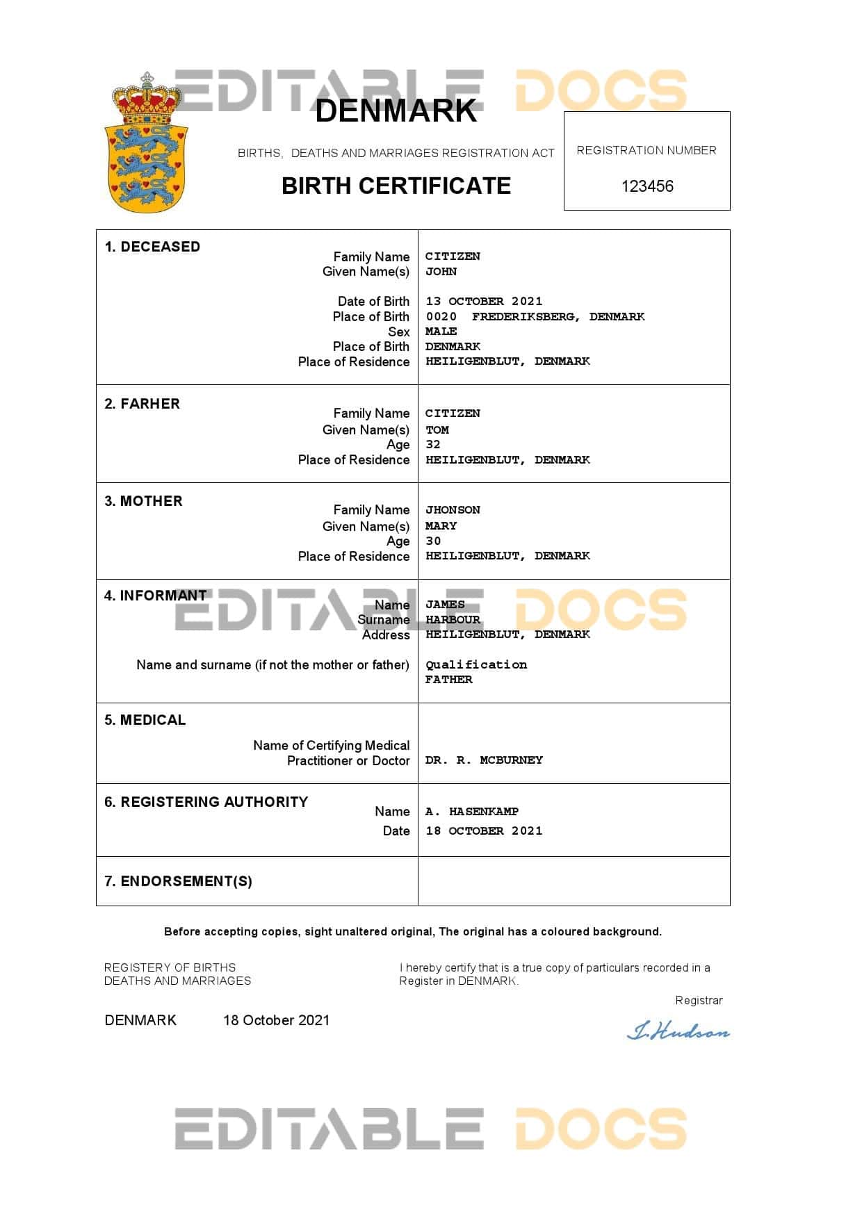 Authentic Denmark Birth Certificate Template | Customize and Download Online