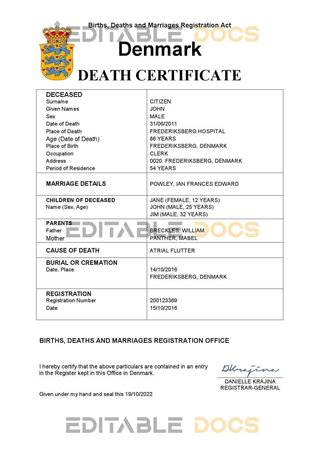 Fillable Denmark Death PDF Templates | Blank Docs