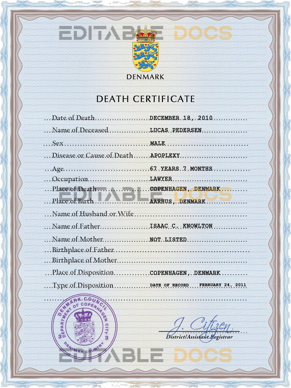 Customizable Denmark Death Certificate PSD Templates | Instant Download
