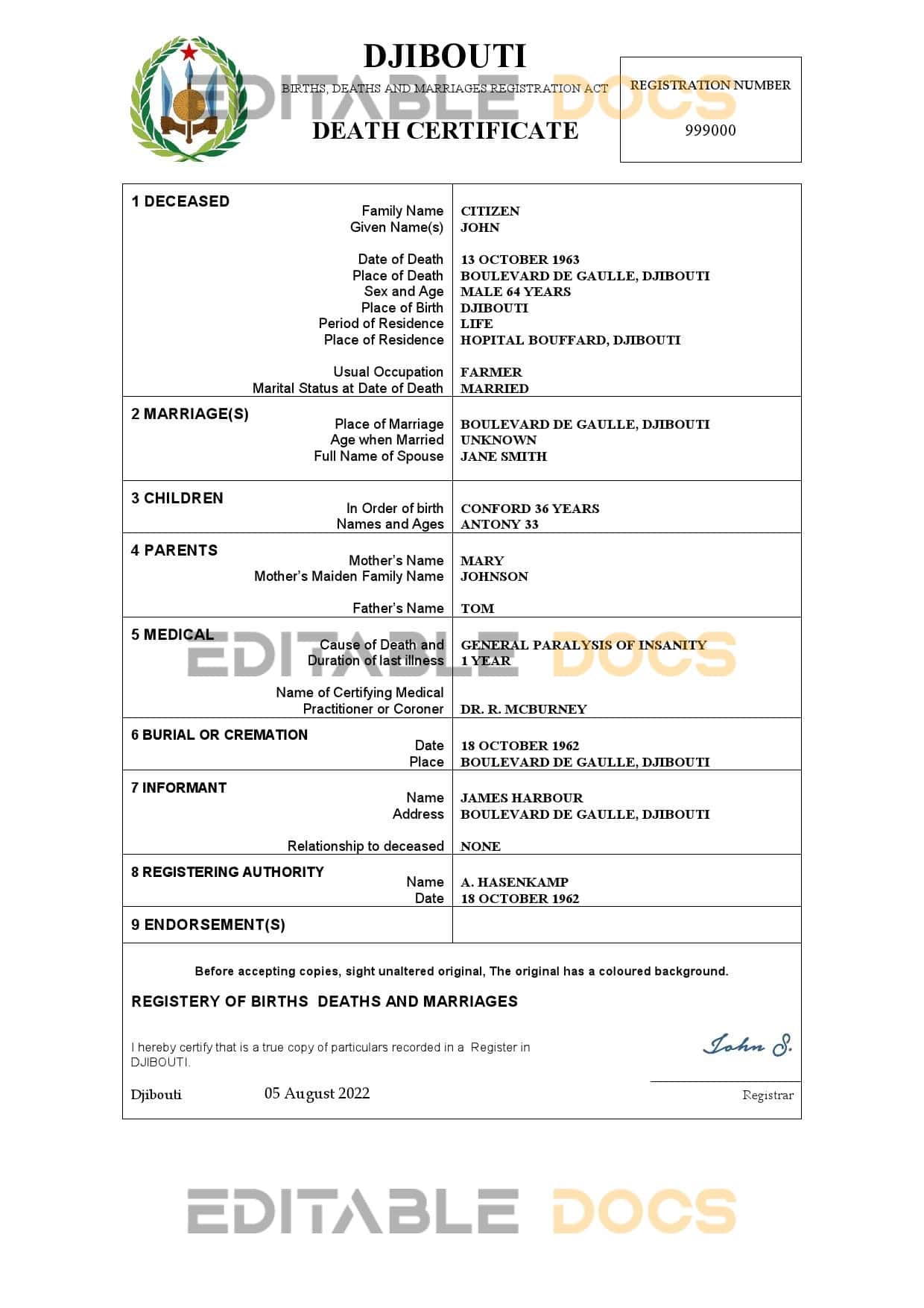 Authentic Djibouti Birth Certificate Template | Customize and Download Online