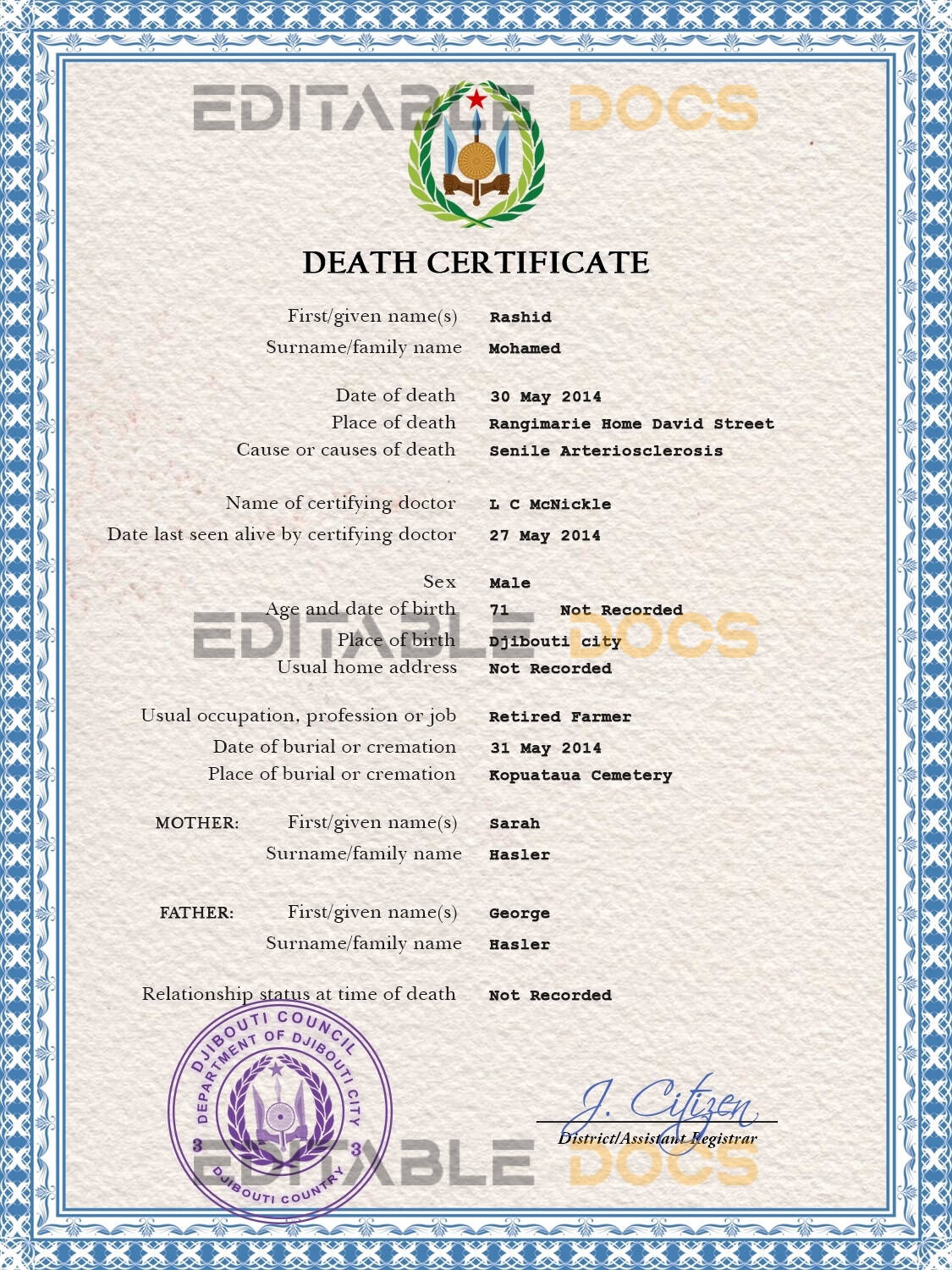Customizable Djibouti Death Certificate PSD Templates | Instant Download