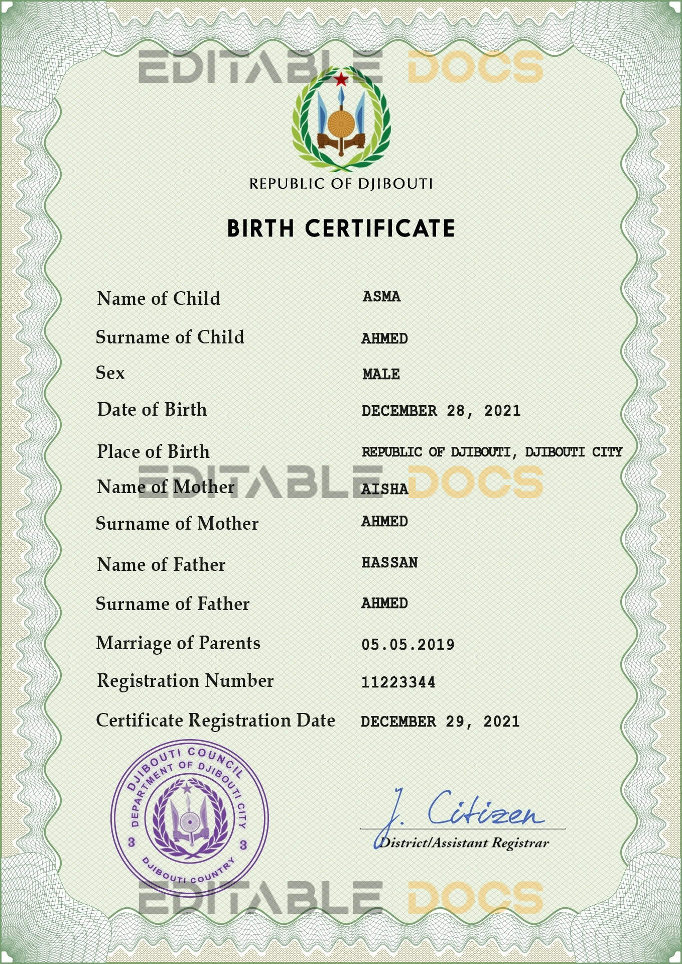 Authentic Djibouti Birth Certificate Template | Customize and Download Online
