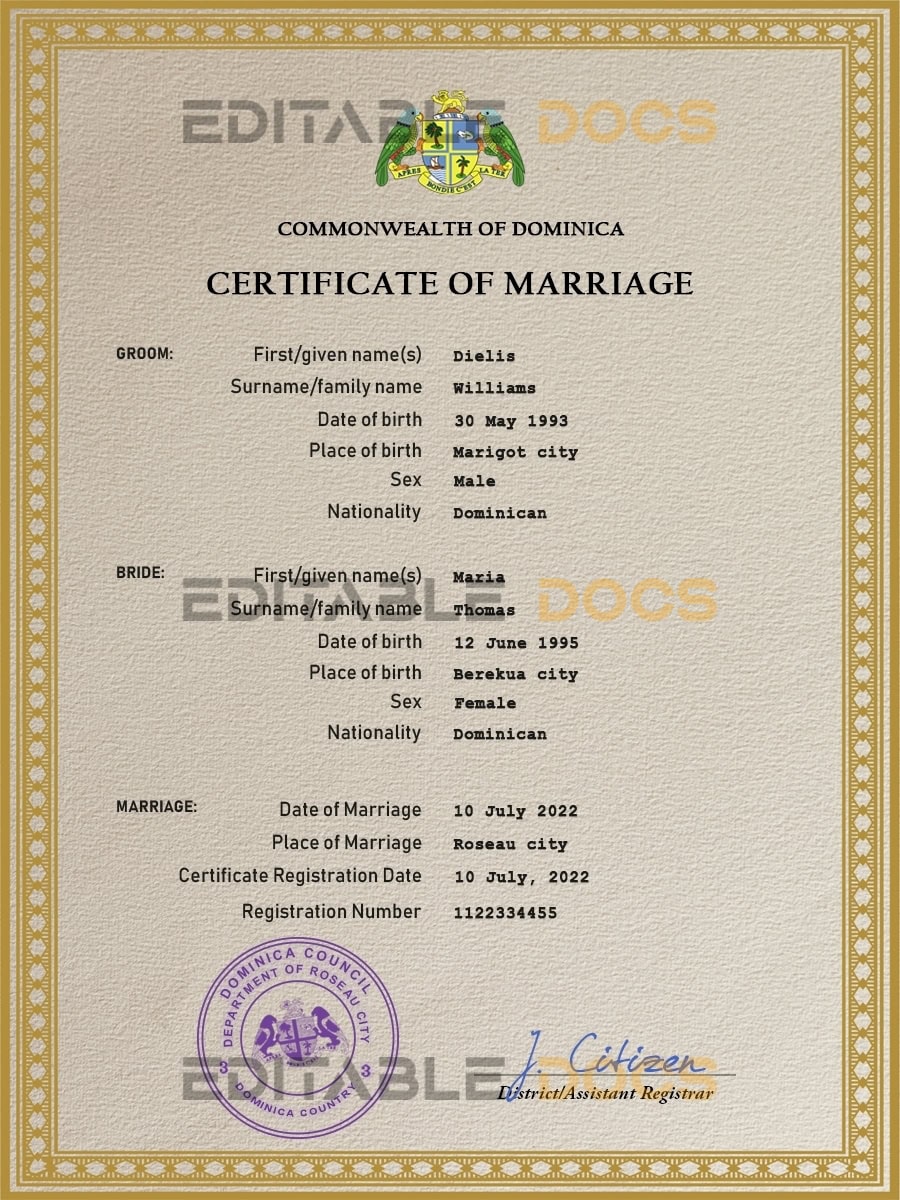 Dominica Marriage Certificate | Editable PSD Templates