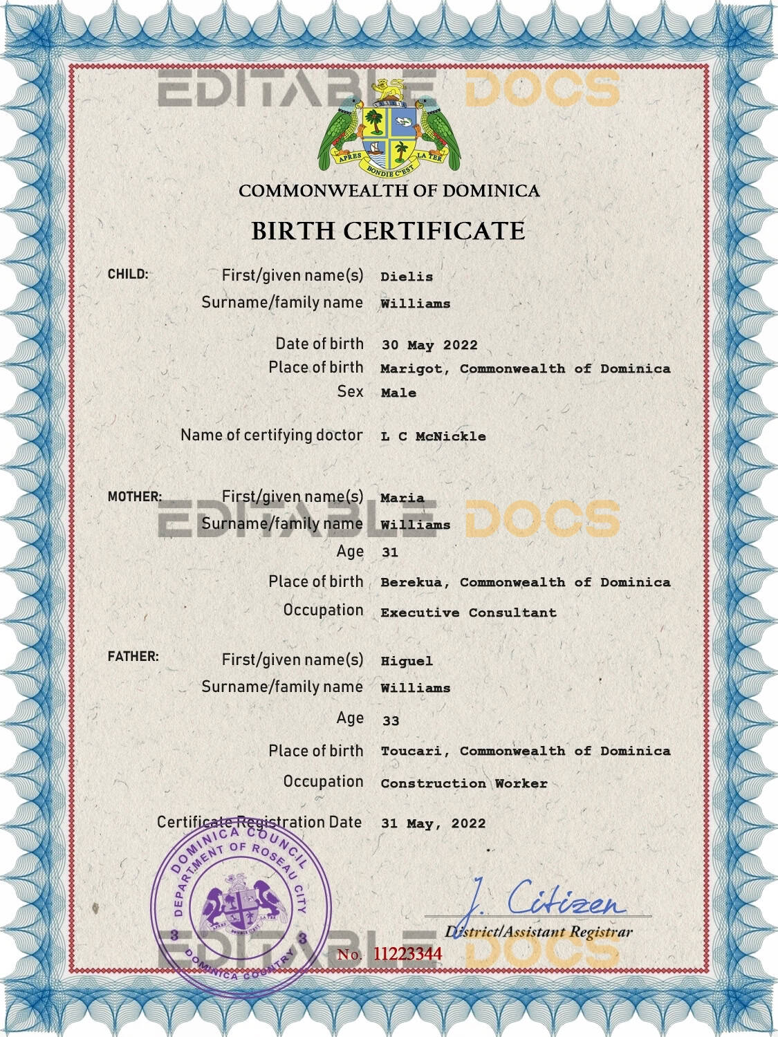 Authentic Dominica Birth Certificate Template | Customize and Download Online