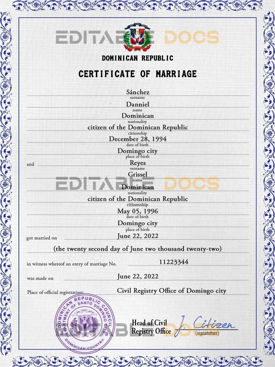 Dominican Republic Marriage Certificate | Editable PSD Templates