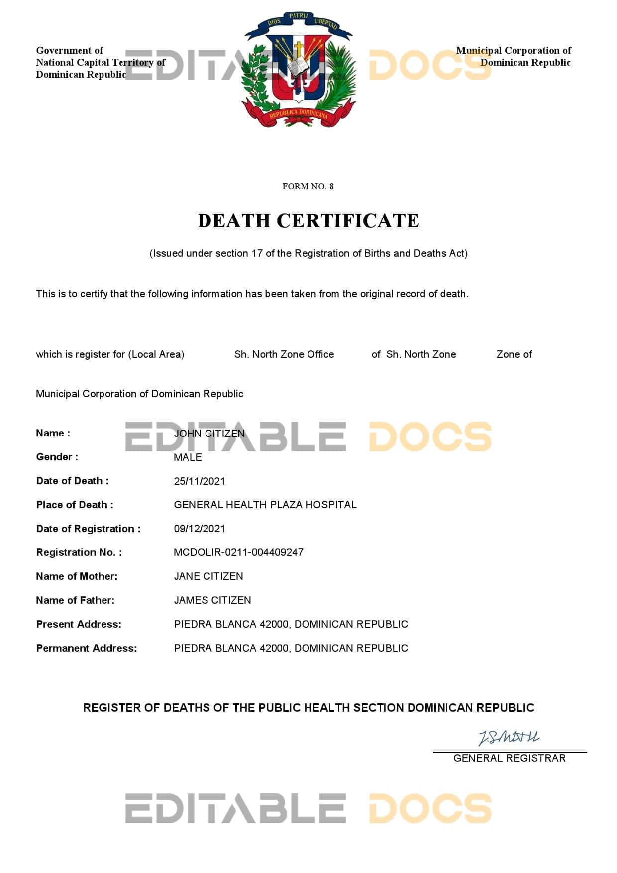 Fillable Dominican Republic Death PDF Templates | Blank Docs