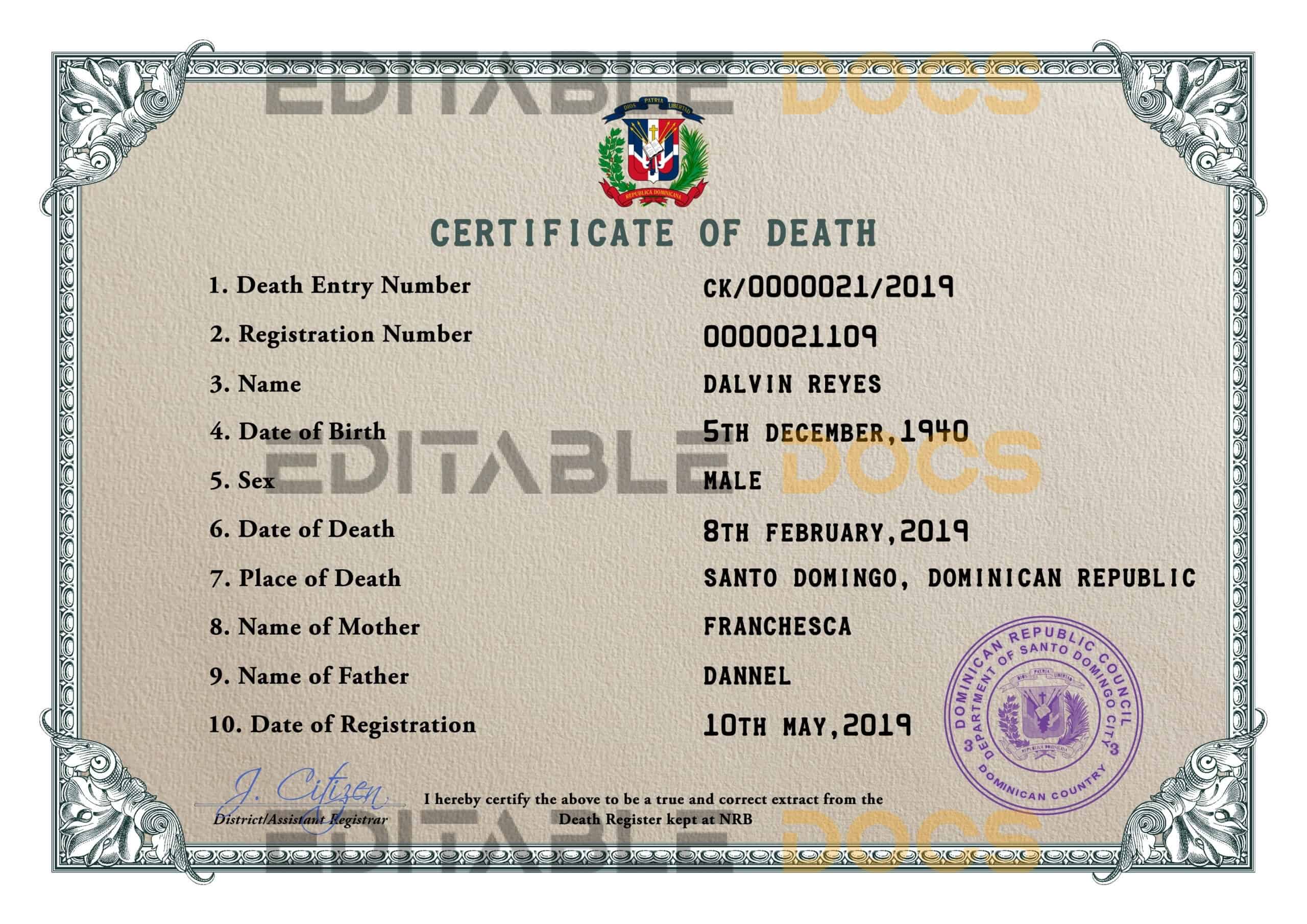 Customizable Dominican Republic Death Certificate PSD Templates | Instant Download