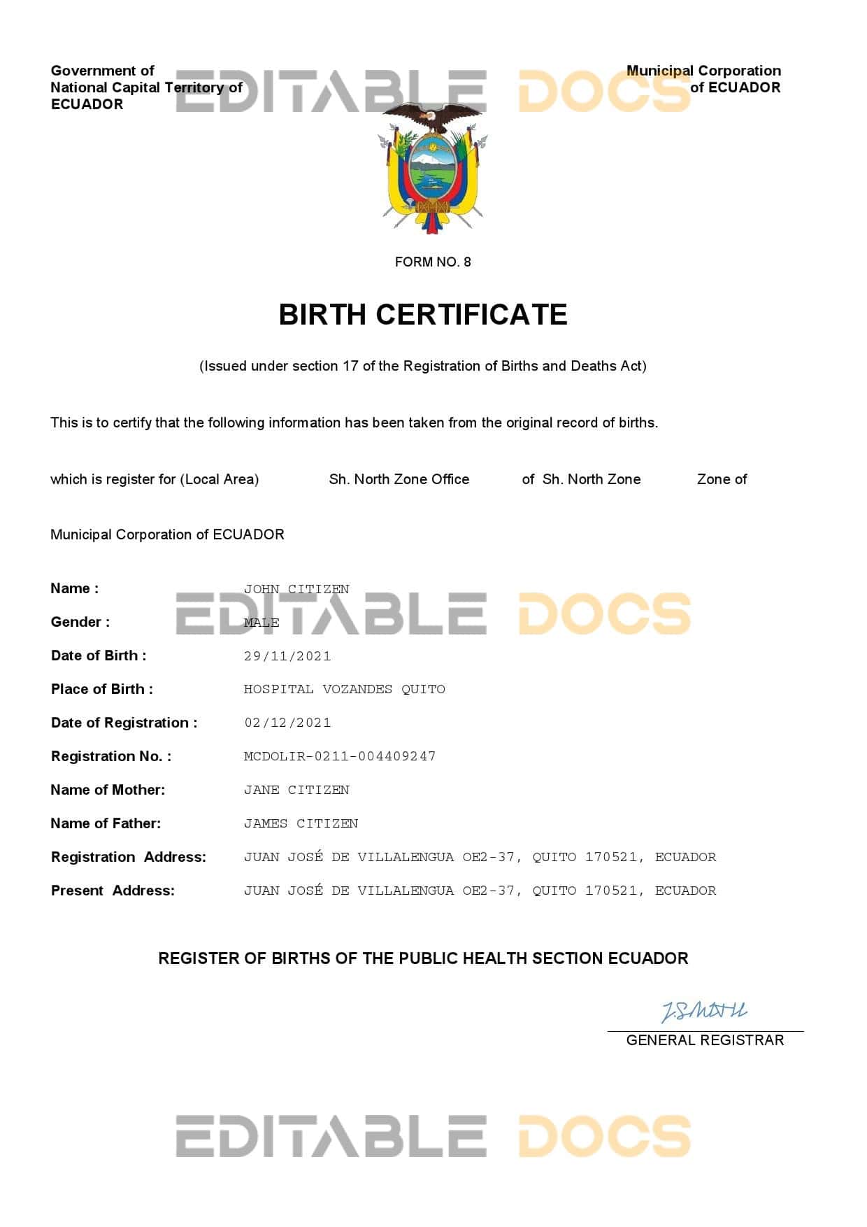Authentic Ecuador vital record Birth Certificate Template | Customize and Download Online