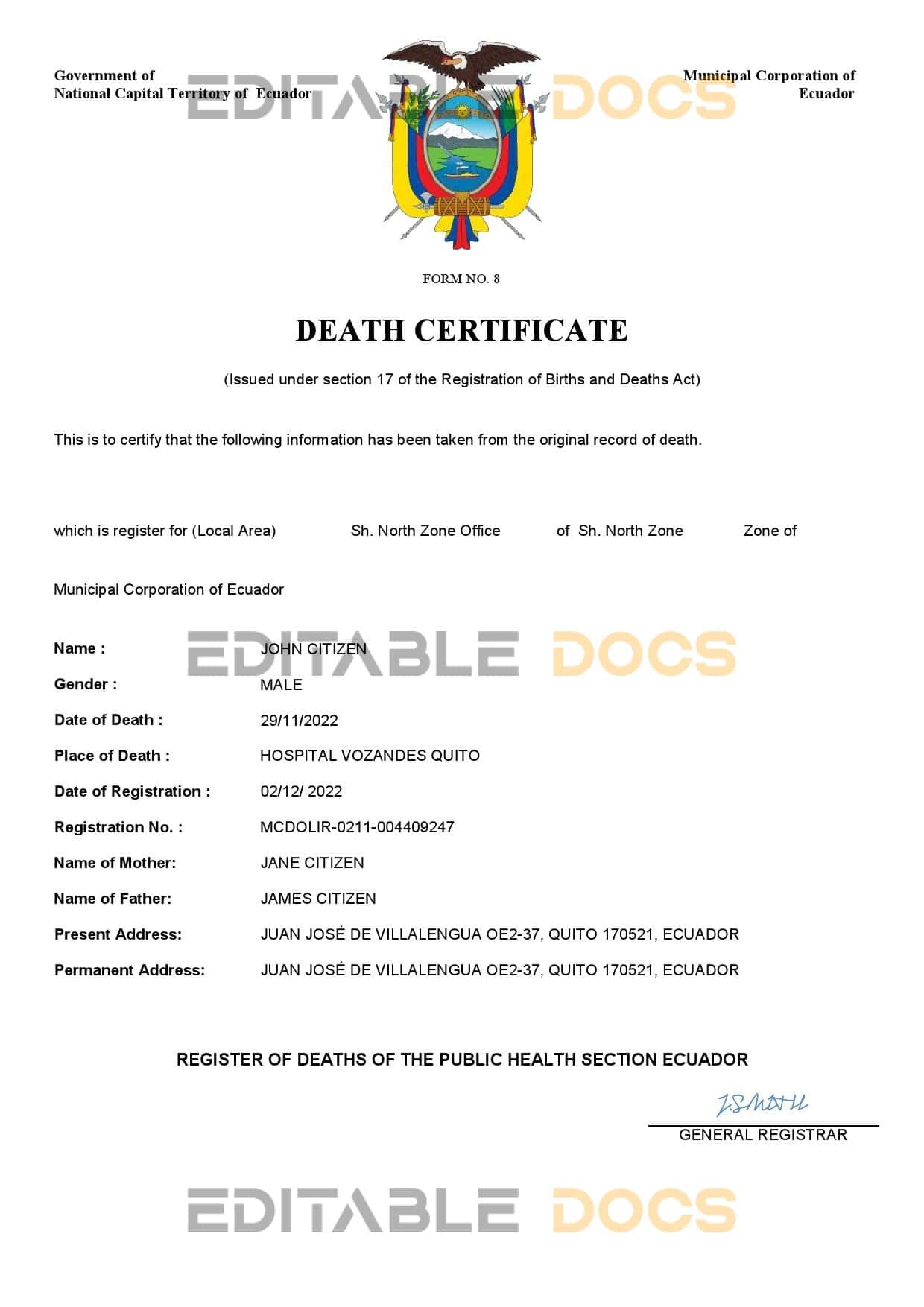 Fillable Ecuador Death PDF Templates | Blank Docs