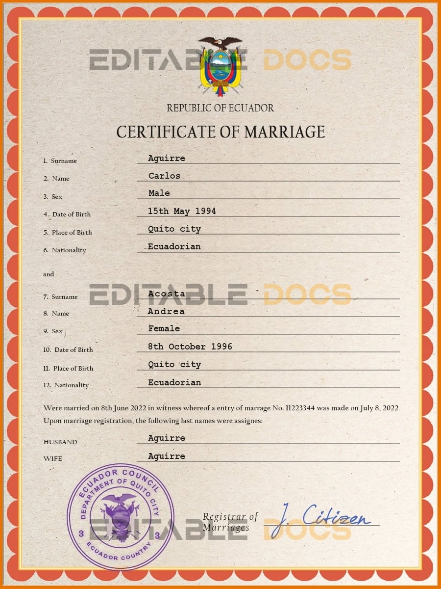 Ecuador Marriage Certificate | Editable PSD Templates