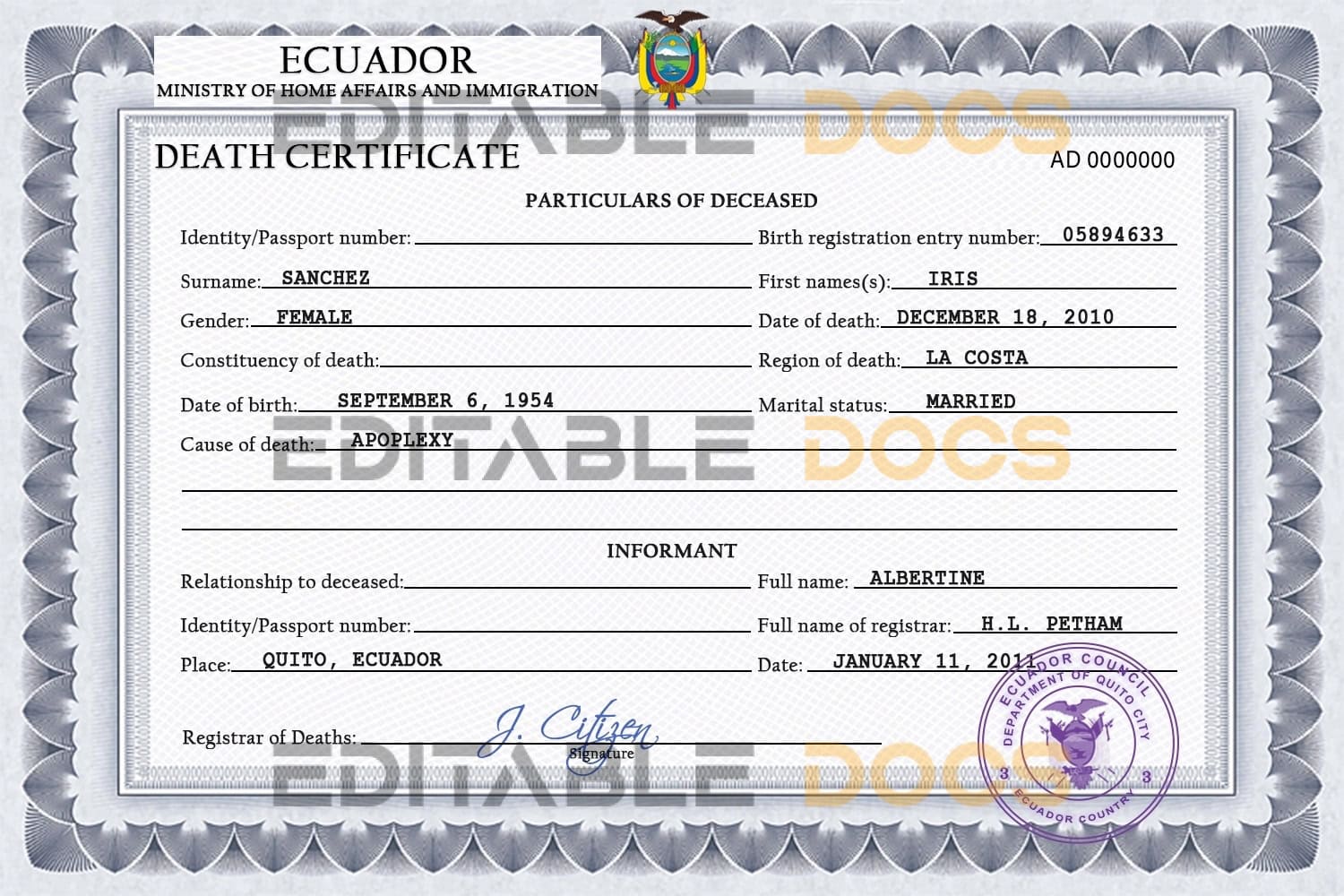 Customizable Ecuador Death Certificate PSD Templates | Instant Download
