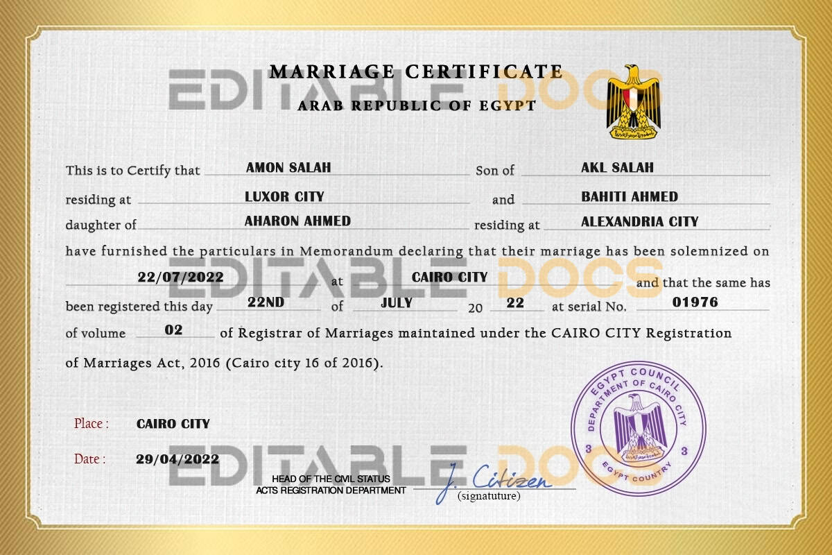 Egypt Marriage Certificate | Editable PSD Templates