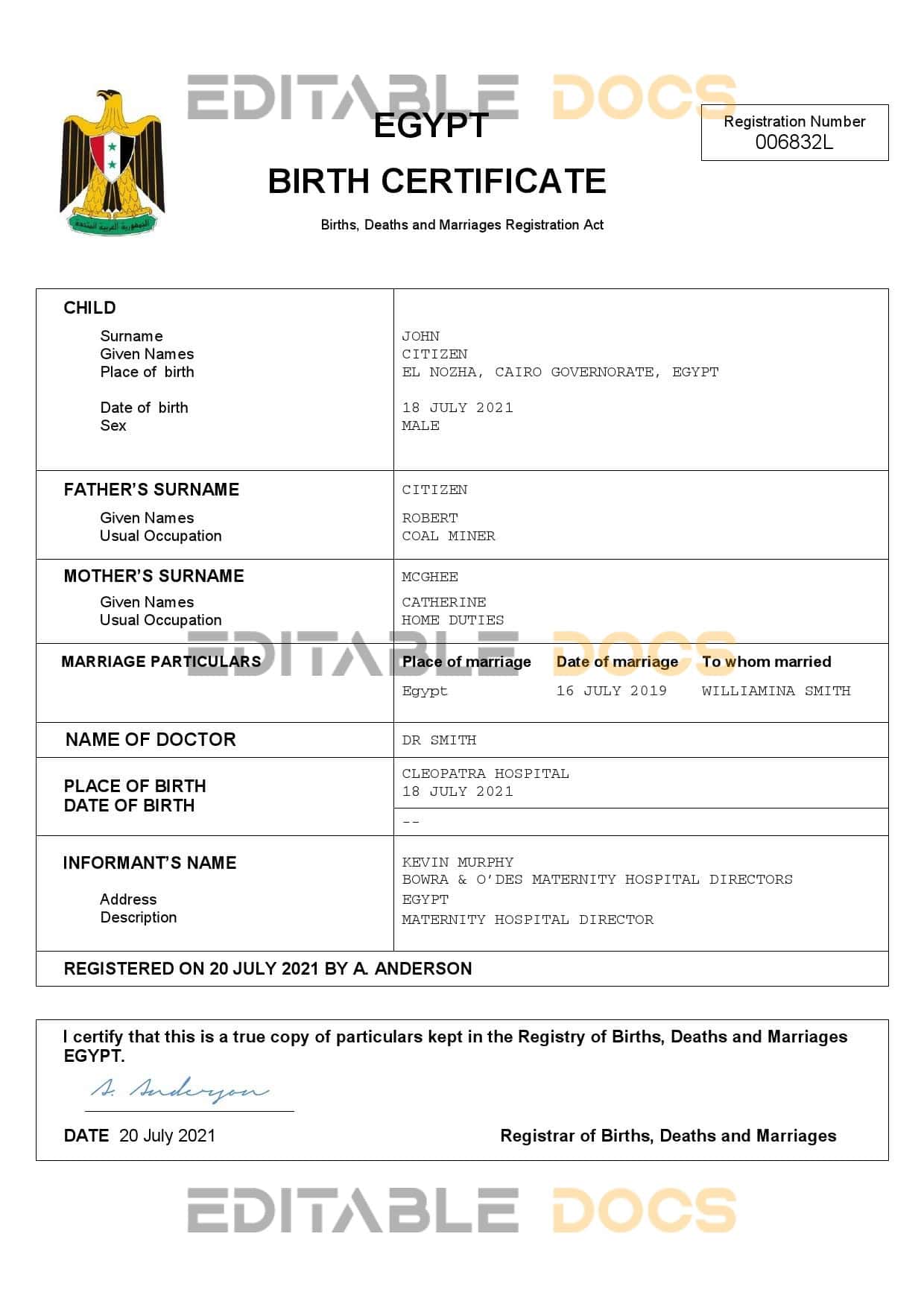 Authentic Egypt Birth Certificate Template | Customize and Download Online