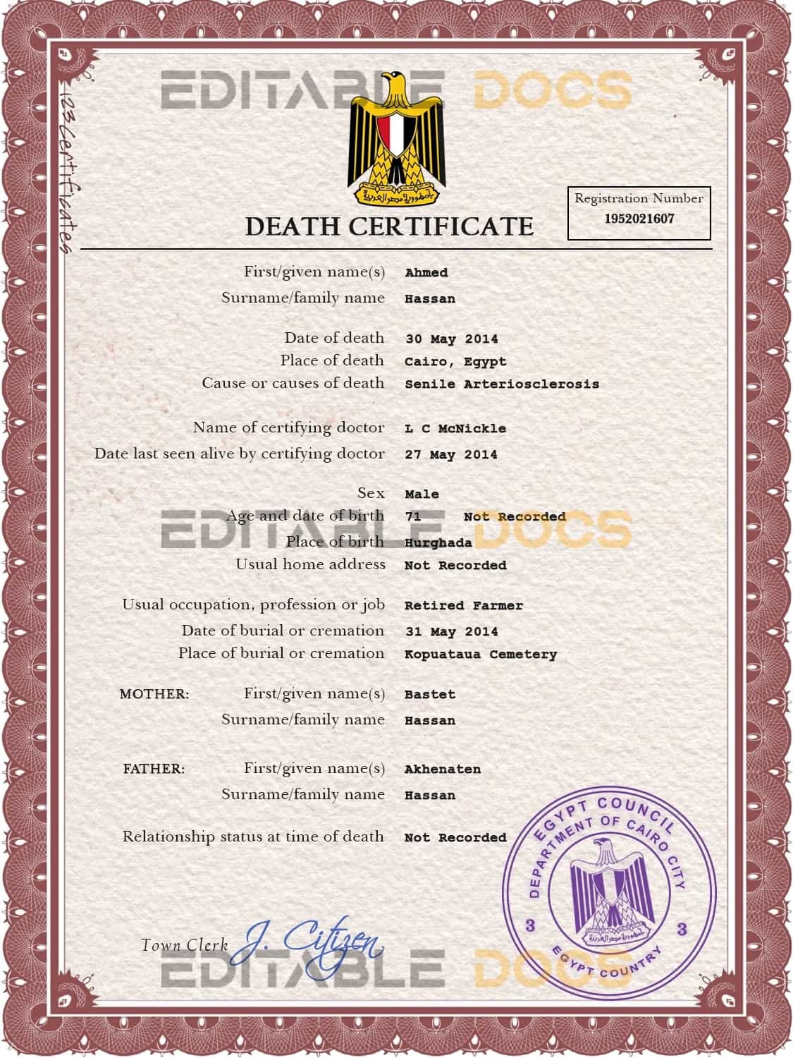 Customizable Egypt Death Certificate PSD Templates | Instant Download