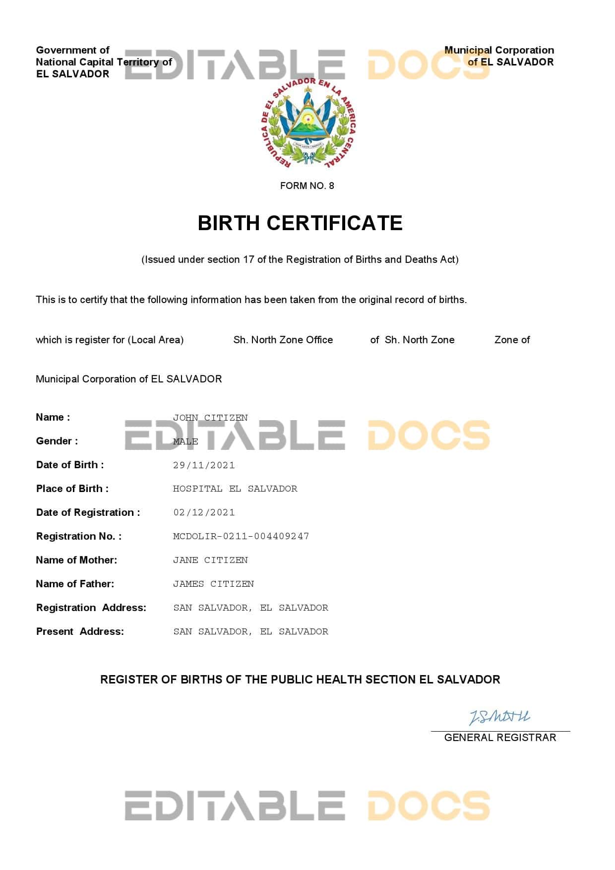 Authentic El Salvador Birth Certificate Template | Customize and Download Online