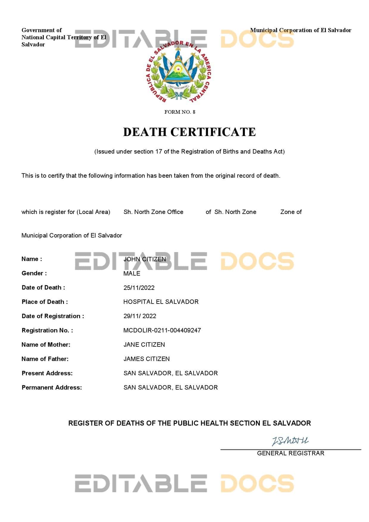 Fillable El Salvador Death PDF Templates | Blank Docs
